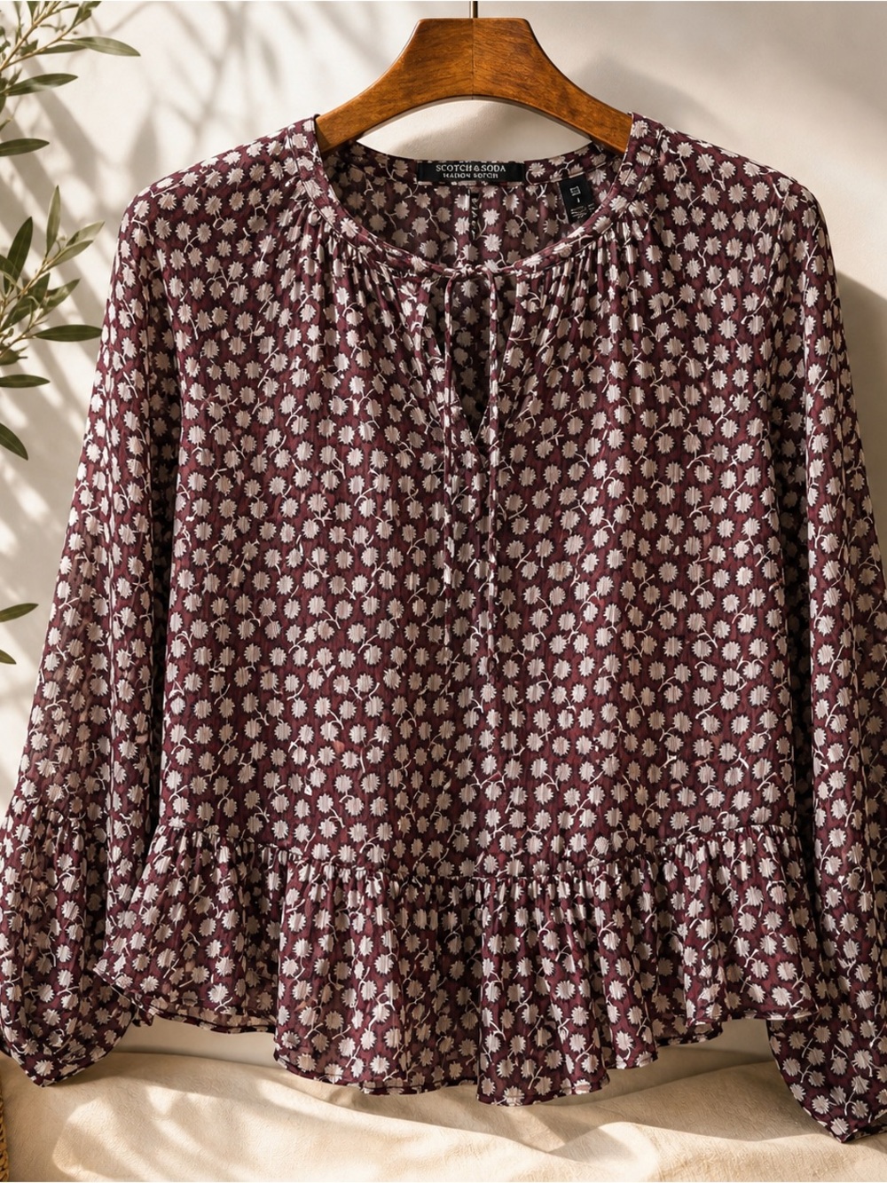 Scotch & Soda Boho Floral Peplum Blouse Burgundy Long Sleeve Sheer Top Size 1 S